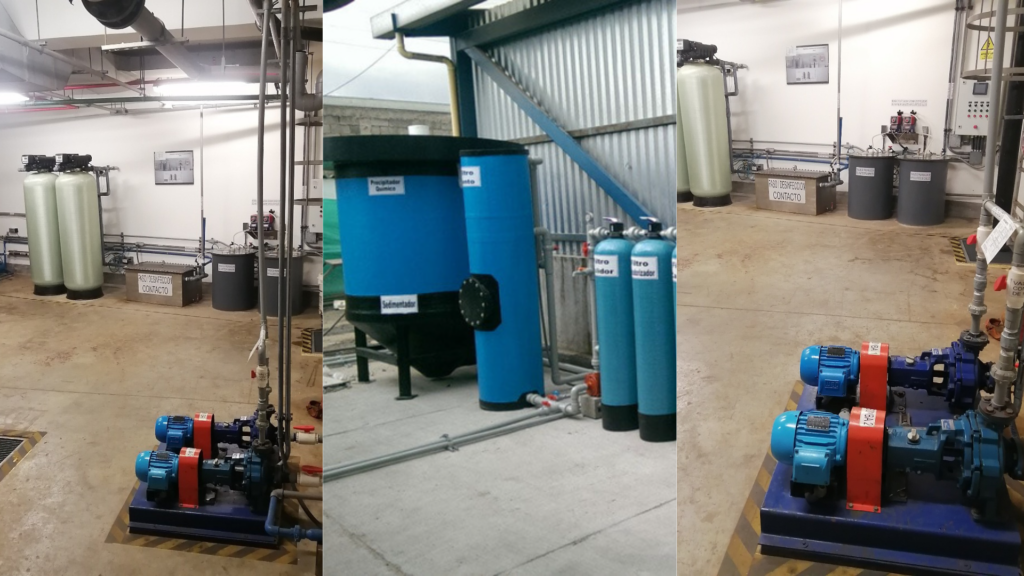 Sistema de tratamiento de aguas grises en edificio corporativo, con tanques y filtros activos para reutilizar el agua de forma segura y sostenible.